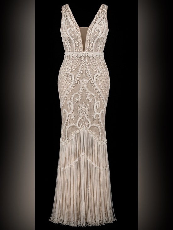 Dresses & Skirts - Embroidered Fringe Evening Gown in Champagne